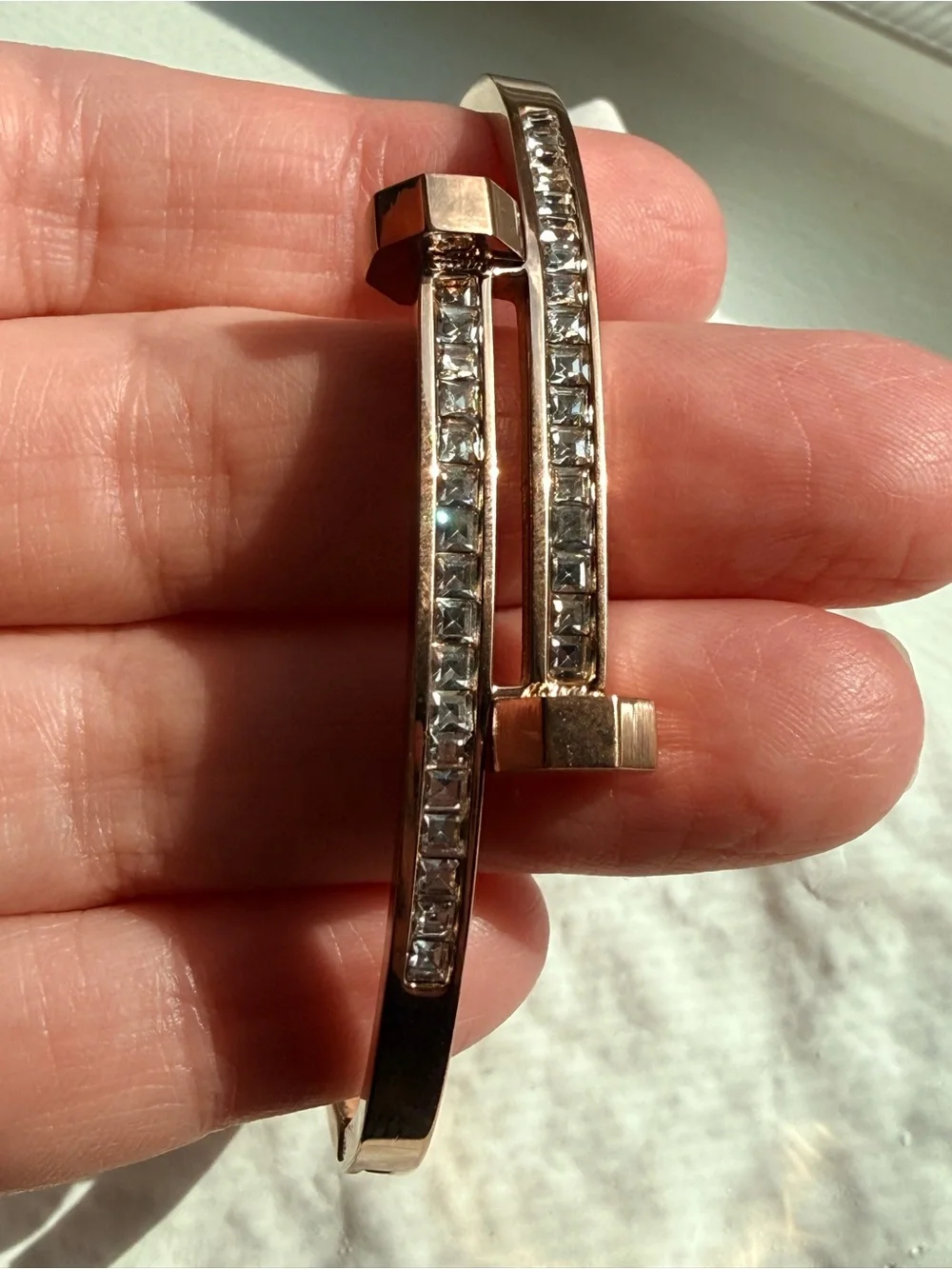 Rose Gold Plated Crystal Accent Open Bangle Bracelet size 7